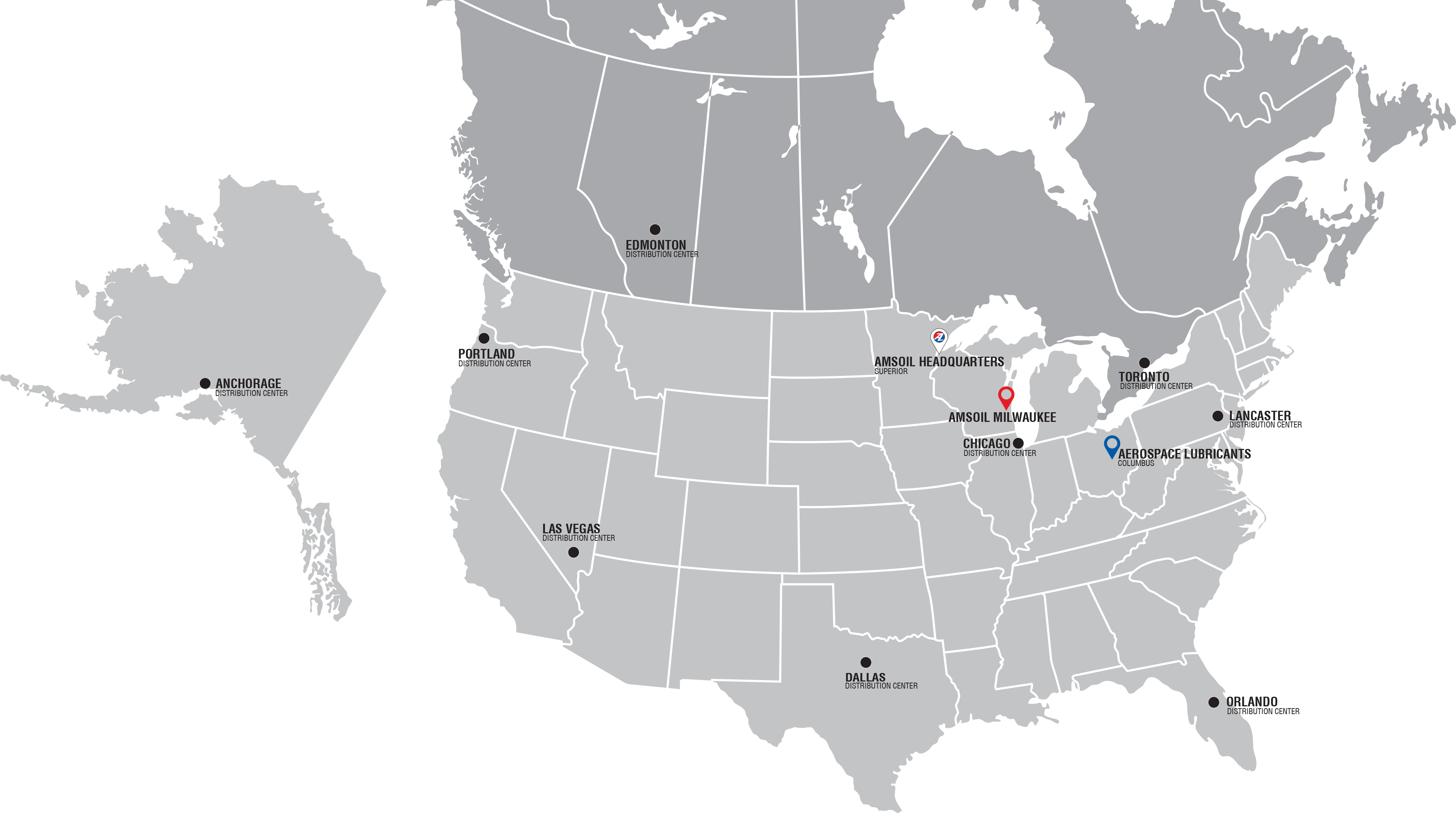 AMSOIL locations include Anchorage, Portland, Edmonton, Las Vegas, Dallas, AMSOIL Headquarters in Superior, Milwaukee, Chicago, Toronto, Aerospace Lubriants in Columbia, Lancaster, and Orlando.