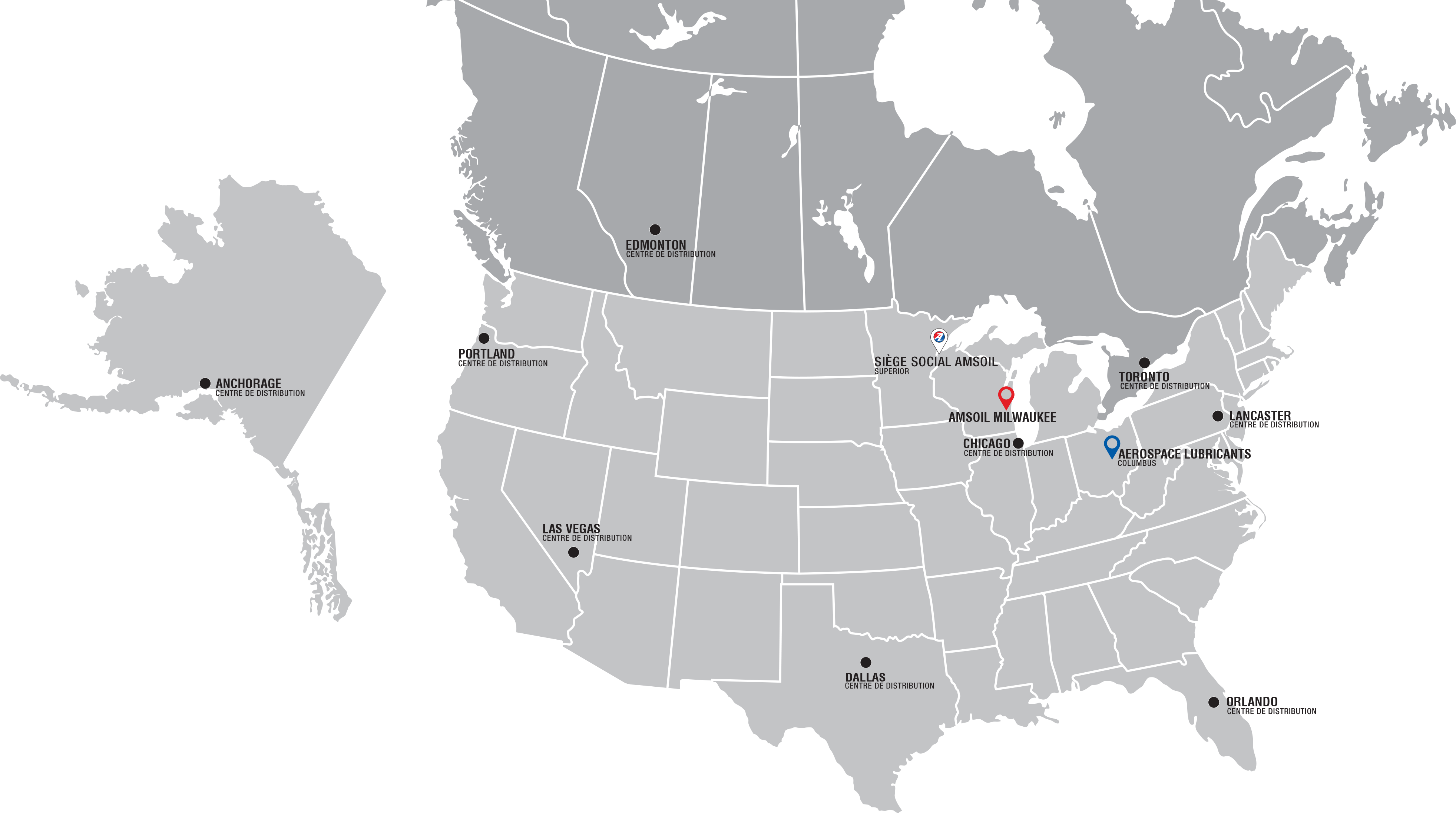 Les sites d’AMSOIL incluent Anchorage, Portland, Edmonton, Las Vegas, Dallas, le siège d’AMSOIL à Superior, Milwaukee, Chicago, Toronto, Aerospace Lubriants à Columbia, Lancaster et Orlando.