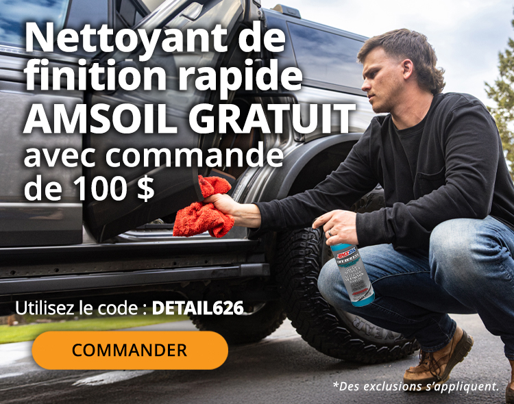 Nettoyant de finition rapide AMSOIL gratuit avec une commande de 100 $. Utilisez le code : DETAIL626. Commandez maintenant. *Des exclusions s’appliquent.