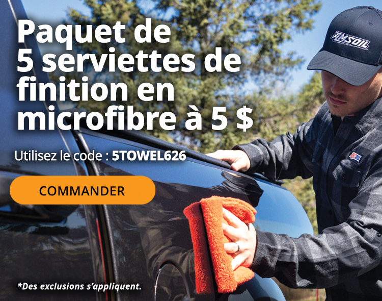 Serviette de finition en microfibre 5 $ en paquet de 2. Utilisez le code : 5TOWEL626. Commander maintenant. *Des exclusions s’appliquent.